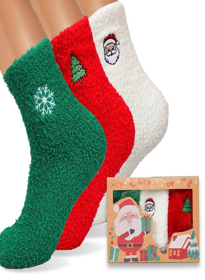 Dodifker 3 Pairs Christmas Fuzzy Warm Fluffy Winter Socks for Adults, Coral Fleece Cozy Holiday Present Socks with Gift Package - Image 1